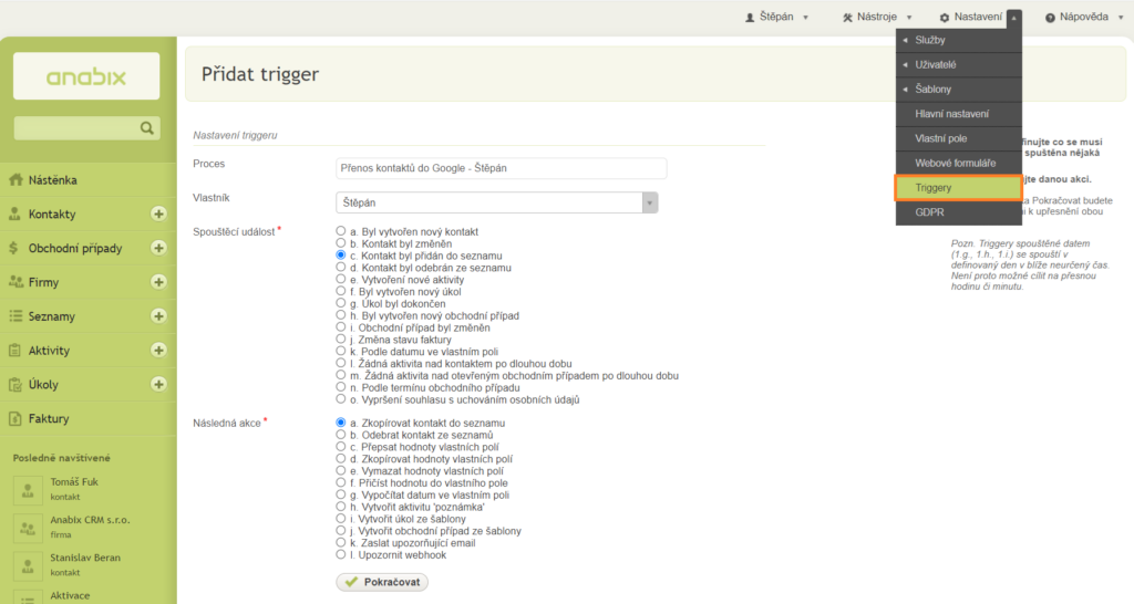 Trigger pro přenos kontaktů do Google v Anabix CRM