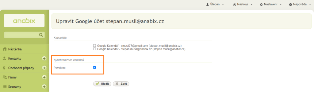 Synchronizace kontaktů do Google kontaktů v Anabix CRM