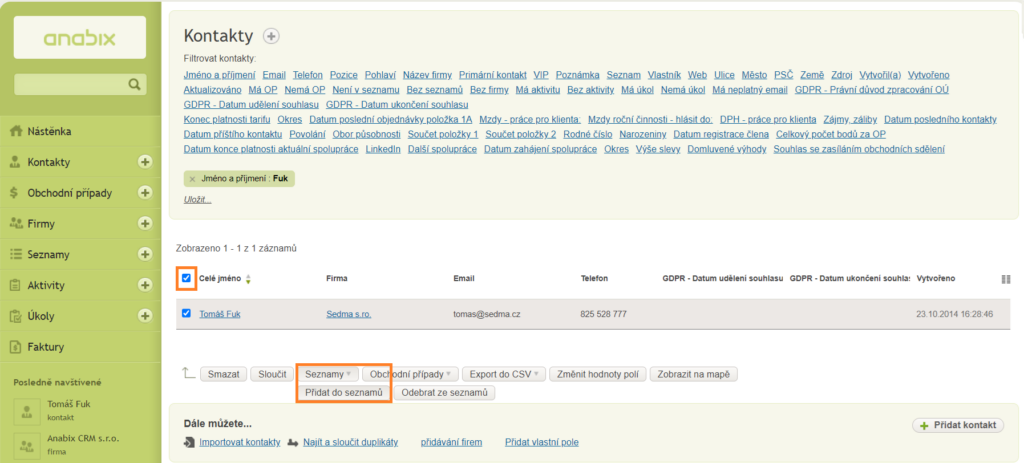 Přidání kontaktu do seznamu Google Kontakty v Anabix CRM