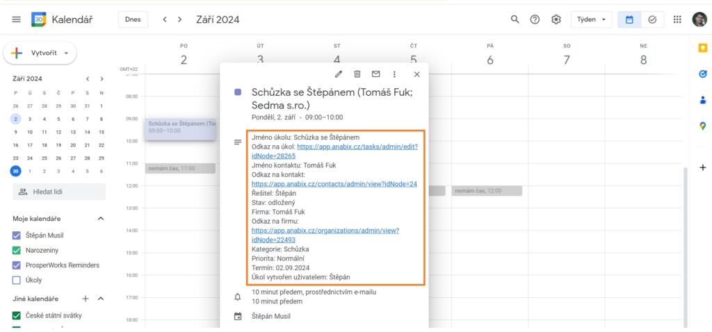 Vytvořená událost v Google kalendáři z úkolu v Anabix CRM